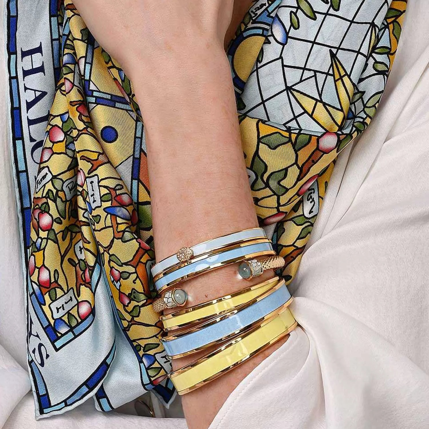 Halcyon Days Enamel Bangle In Forget-Me-Not & Gold | Flash Sale