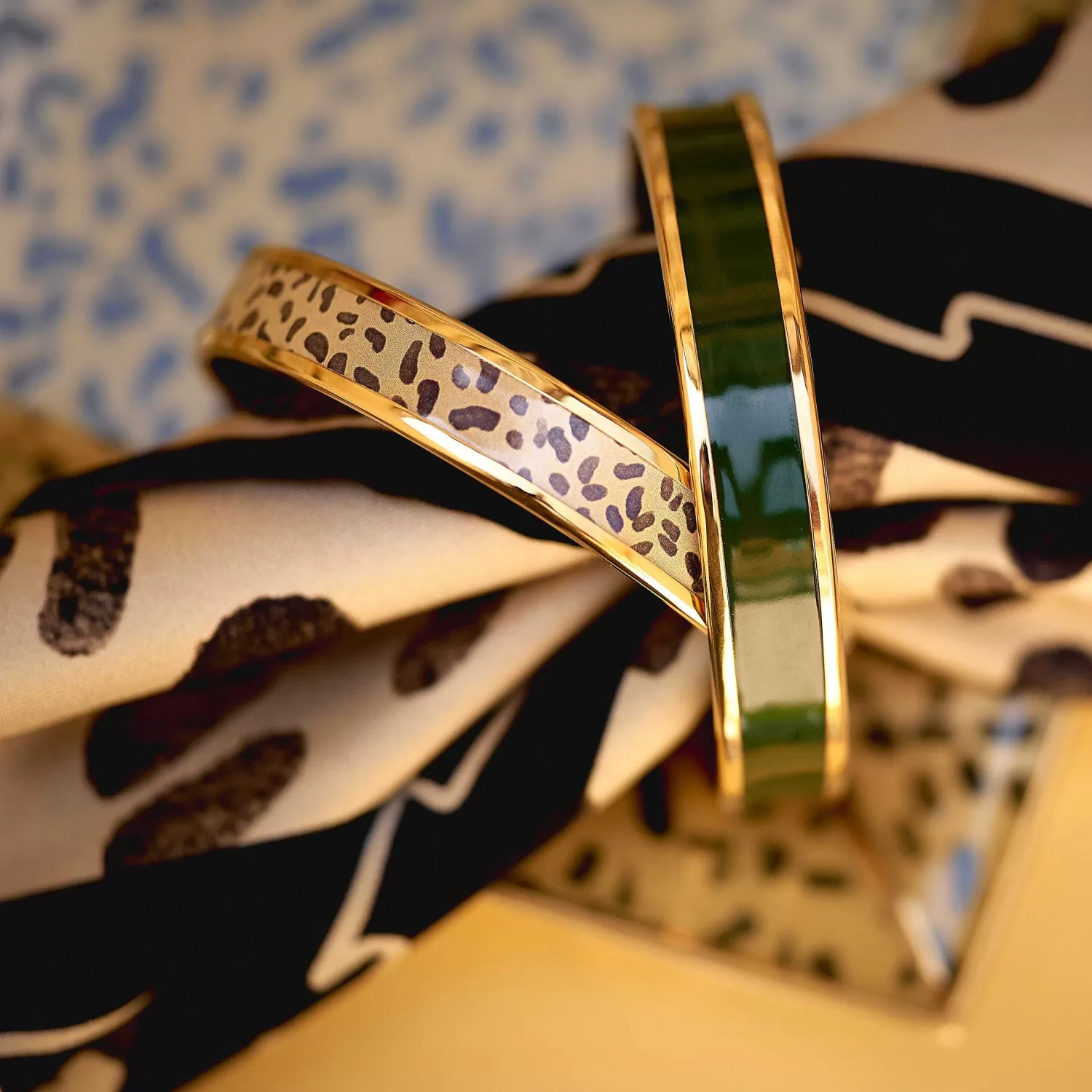 Halcyon Days Enamel Bangle In Green & Gold | Fashion