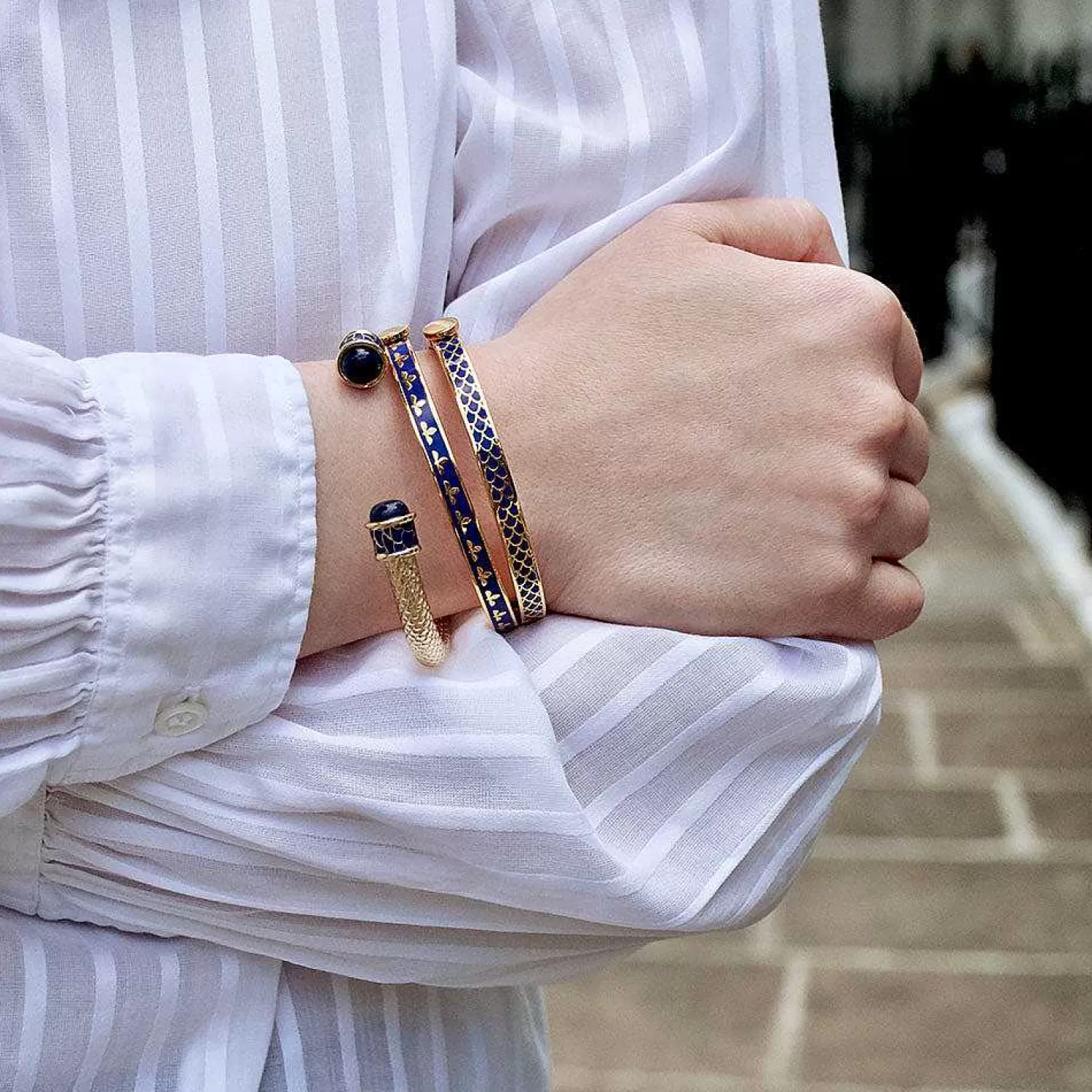 Halcyon Days Skinny Bee Cobalt & Gold Bangle | Cheap