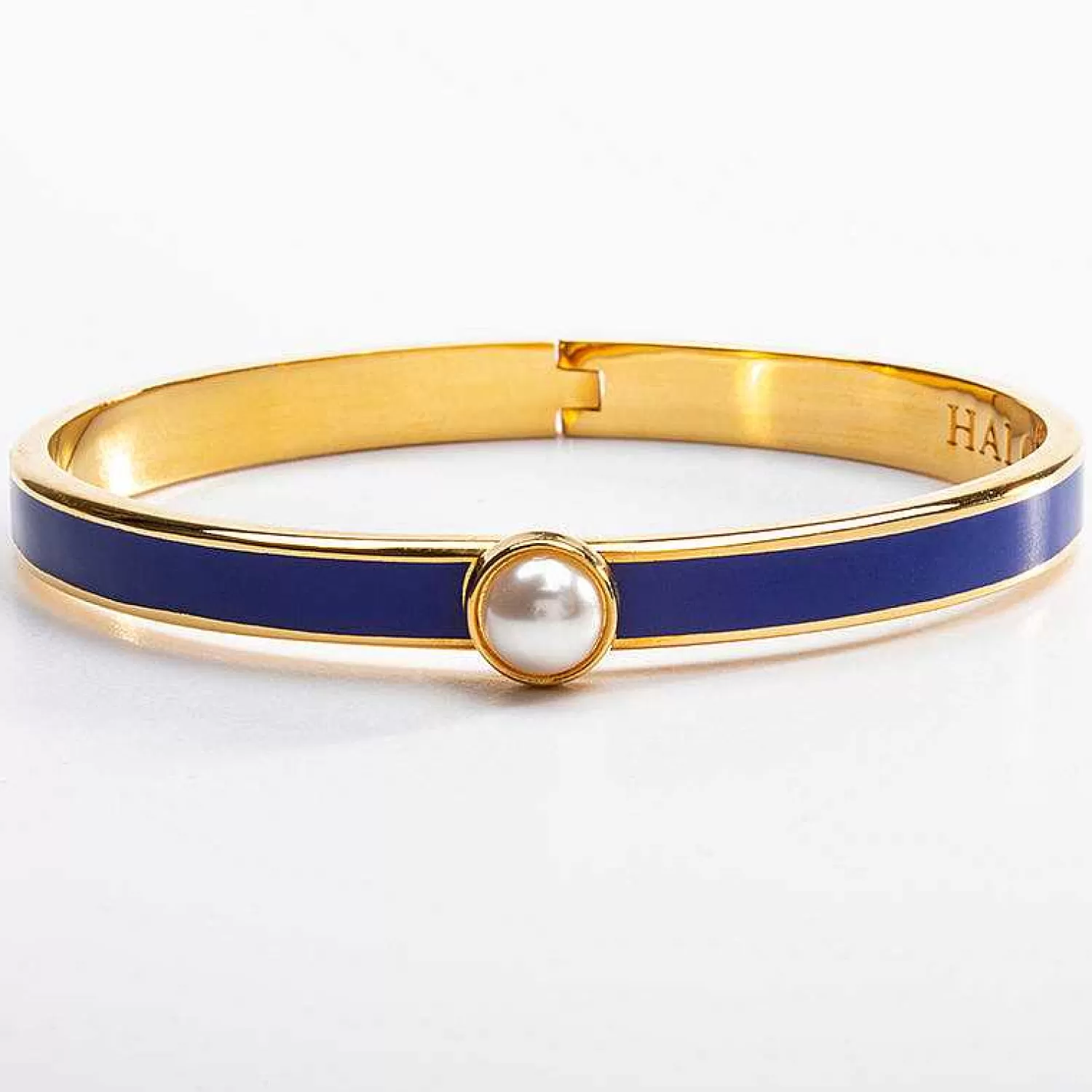 Halcyon Days Skinny Cabochon Pearl Cobalt & Gold Bangle | Shop
