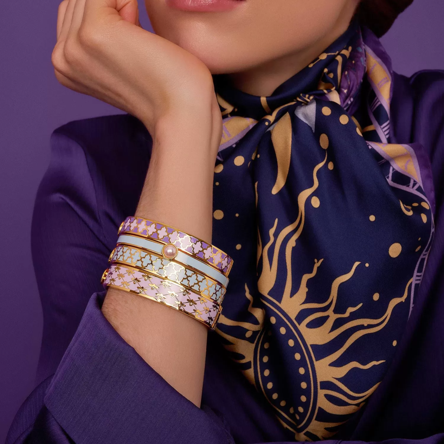 Halcyon Days Skinny Cabochon Pearl Forget-Me-Not & Gold Bangle Flash Sale