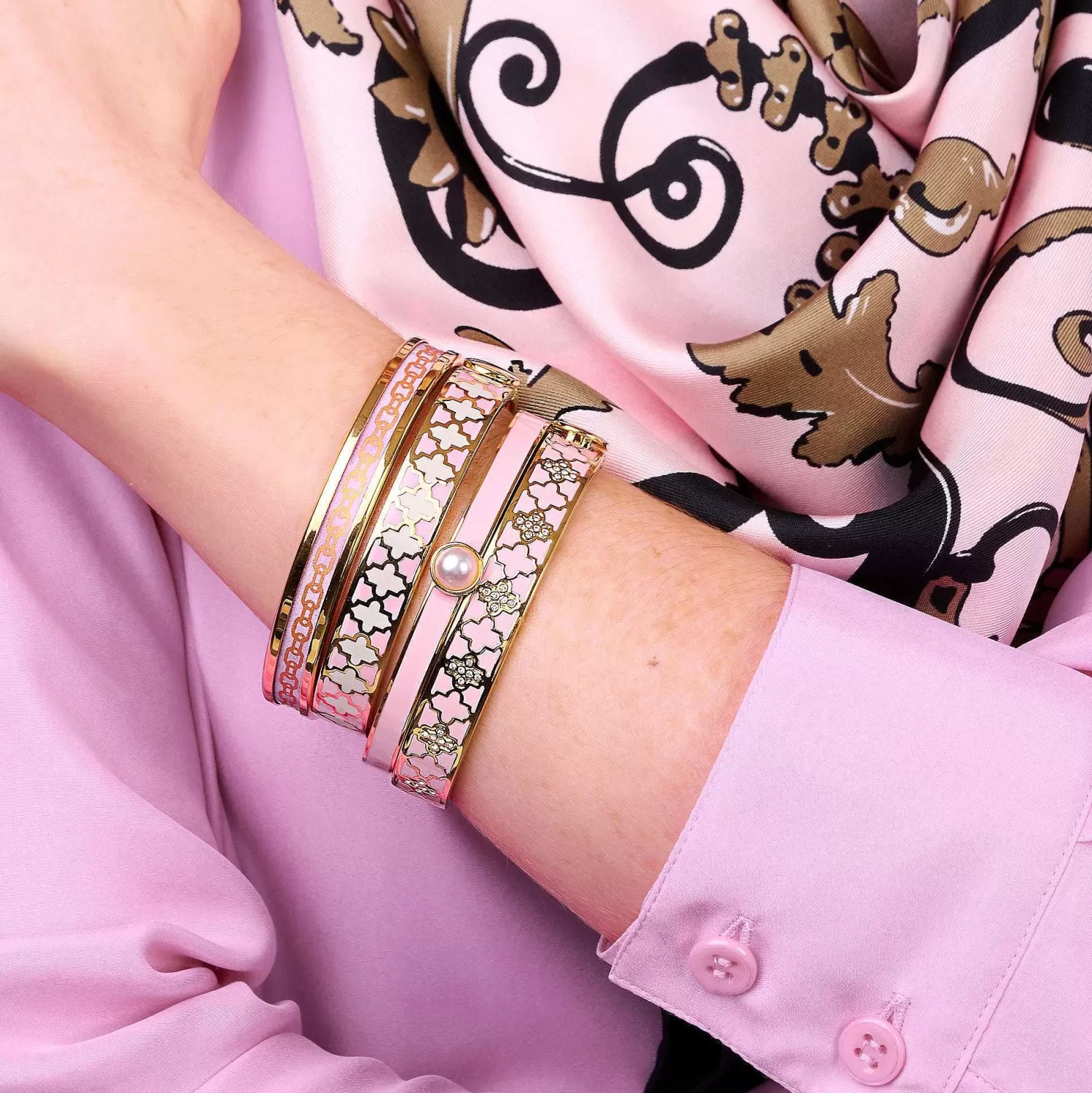 Halcyon Days Skinny Chain Pale Pink & Gold Enamel Bangle | Cheap