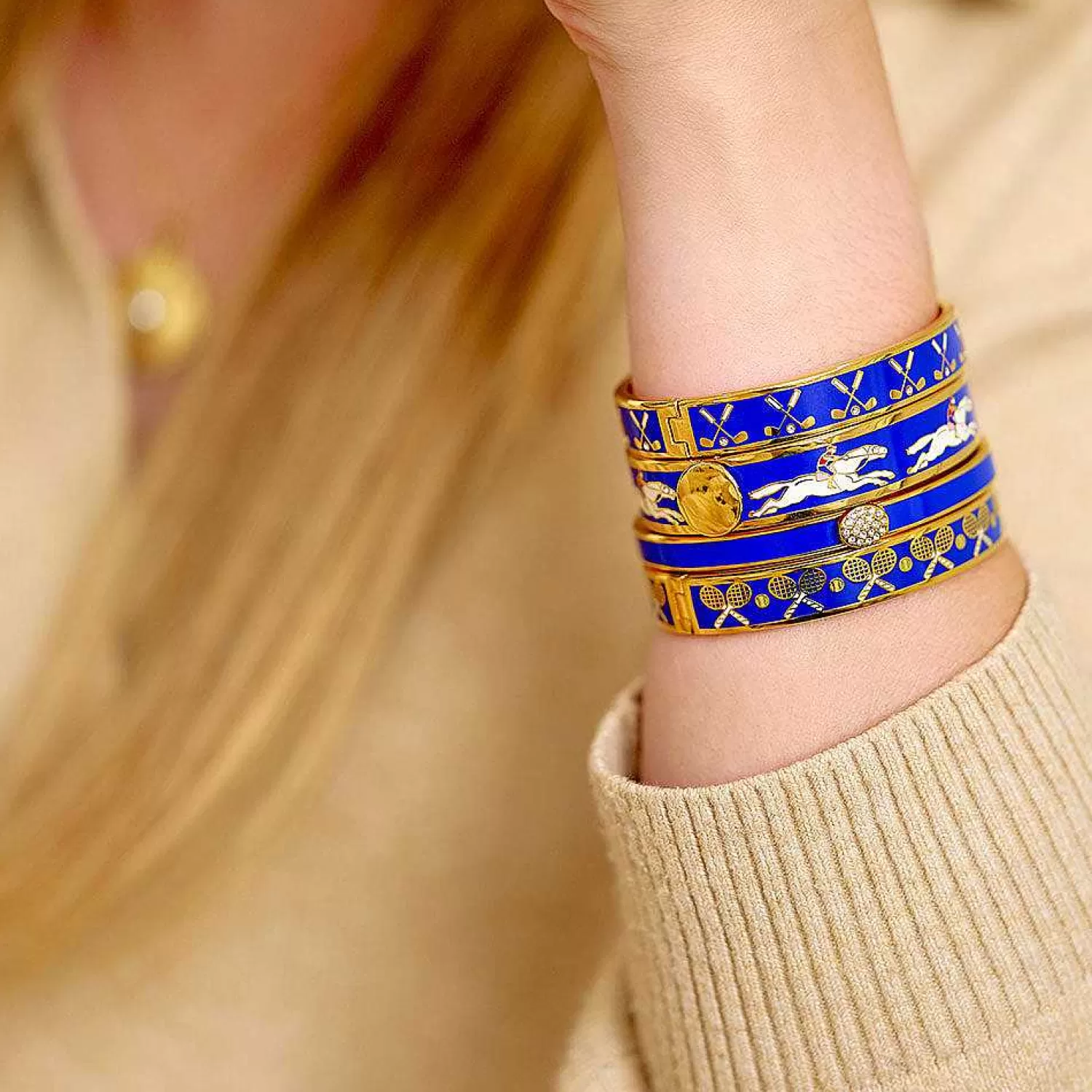 Halcyon Days Skinny Pave Button Cobalt & Gold Bangle | Sale