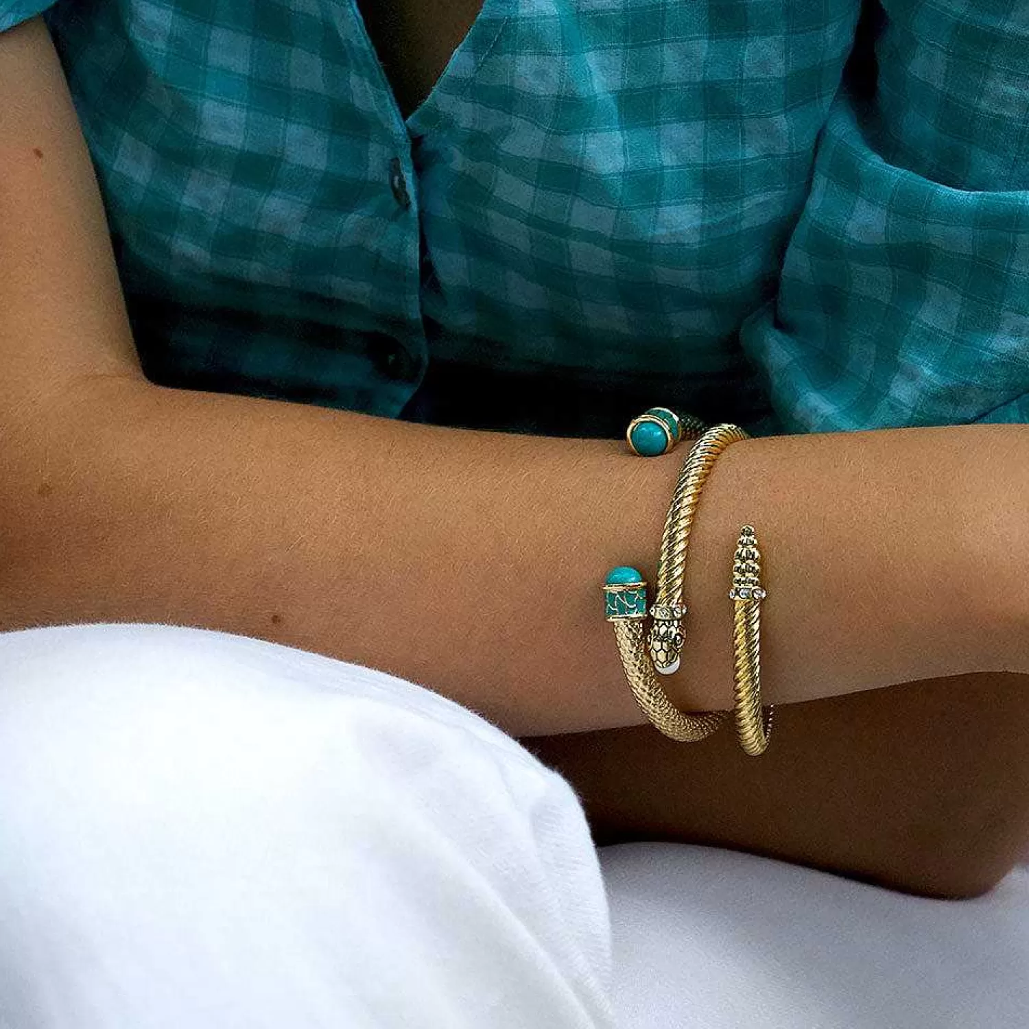 Halcyon Days Snake Twist Cream & Gold Bangle | Hot