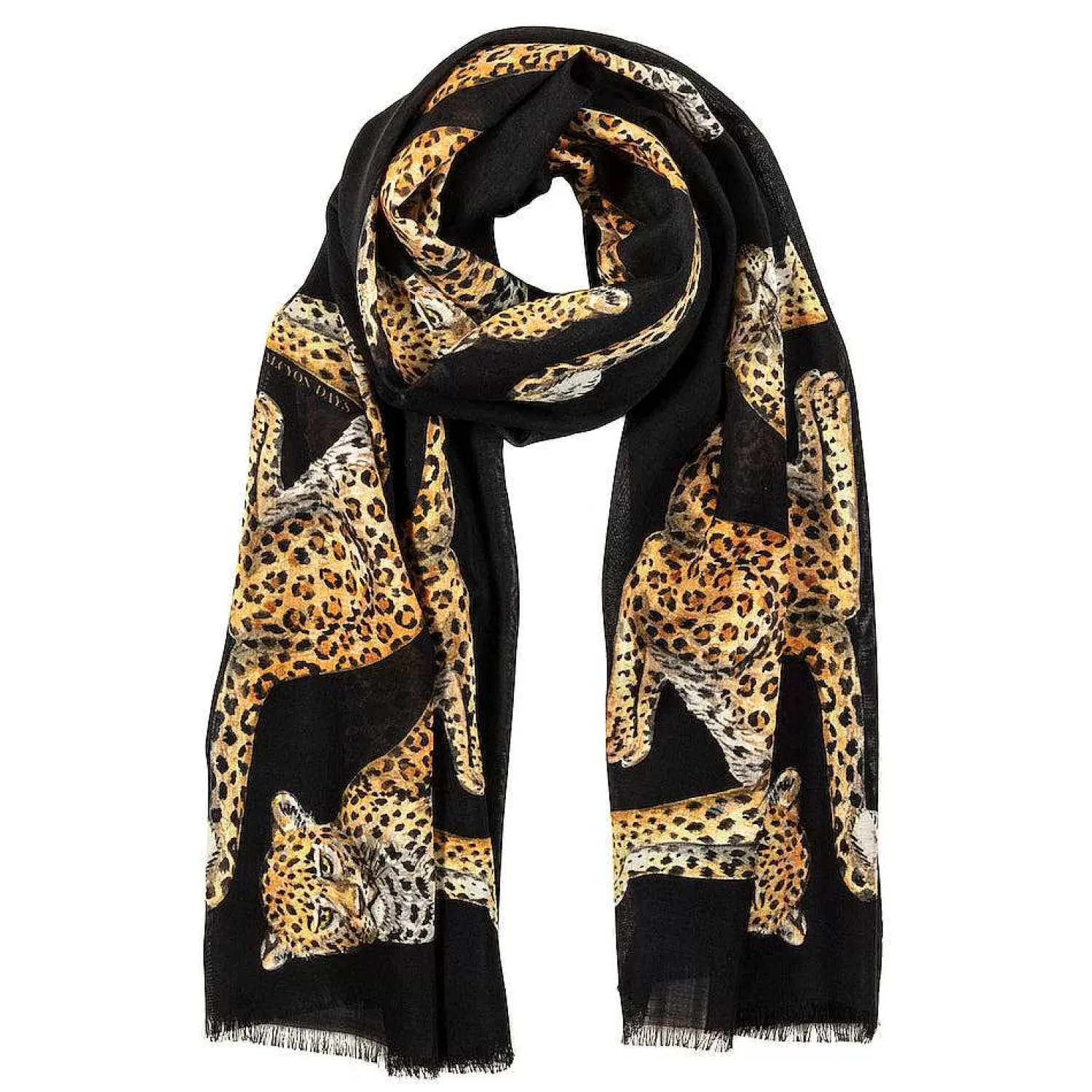 Halcyon Days Twin Leopard Black Wool Silk Scarf | Clearance